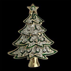 Vintage Christmas Tree Brooch Pin Green Enamel Glitter Gold Tone Plated